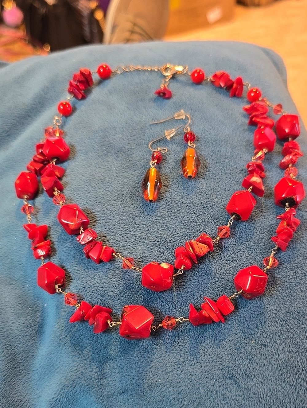 Red Coral Bead Statement Necklace andRed Clear Earrings Set